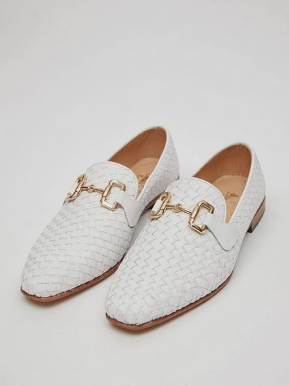 Men’s white woven leather loafers with gold buckle, luxury handcrafted slip-on shoes