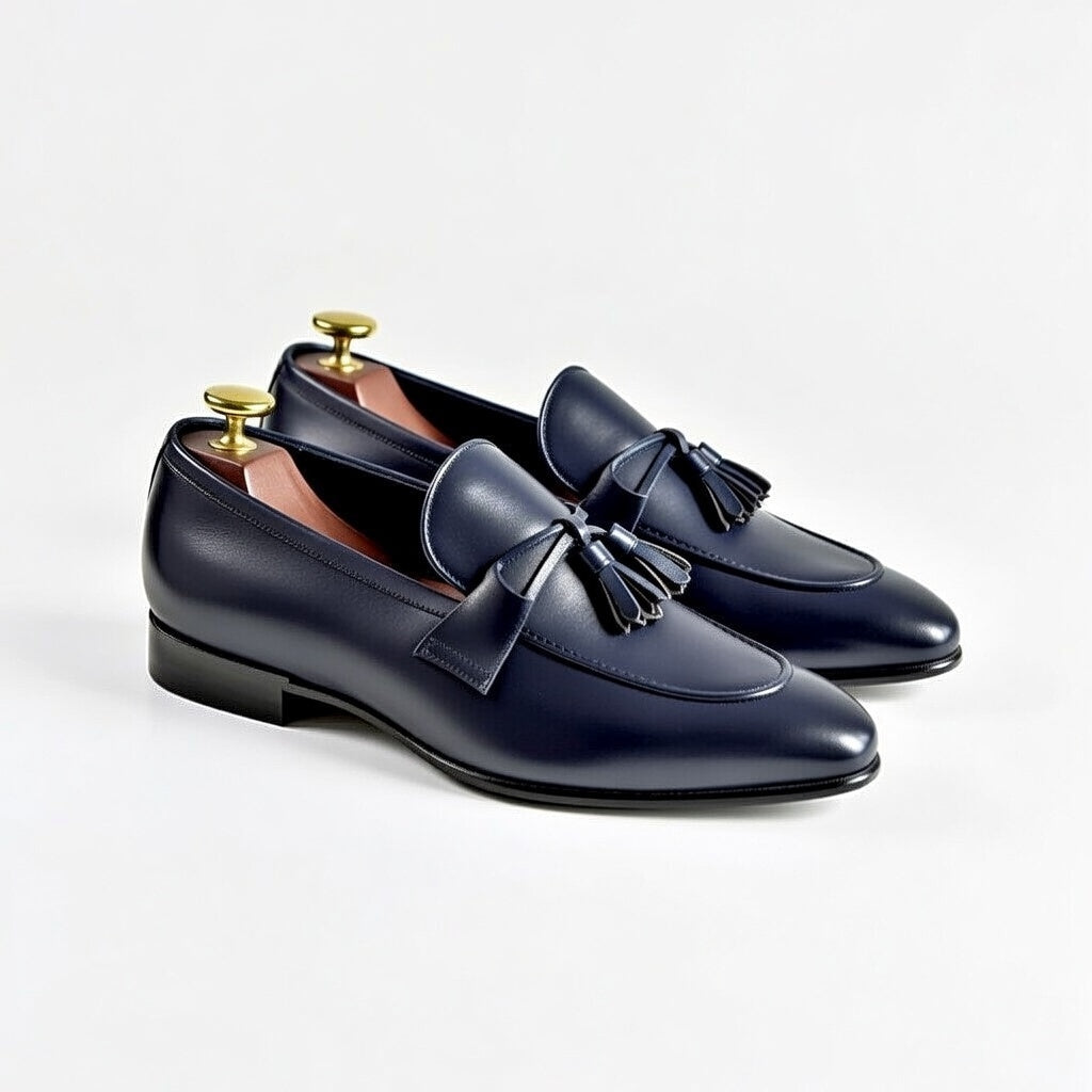 Pair of navy loafers with tassels on a light gray background