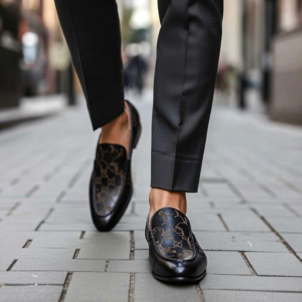 Person wearing black loafers with intricate designs on a city street.