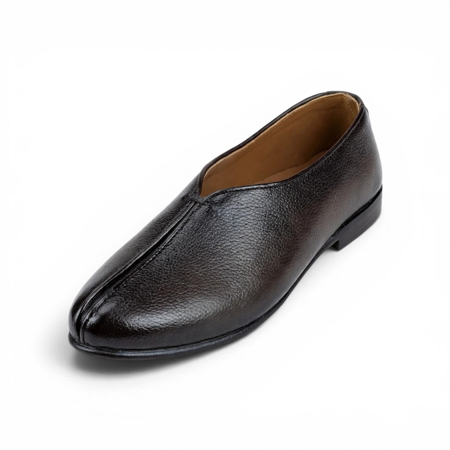 A single men's slip-on loafer in dark brown pebbled leather, shown from a three-quarters angle on a white background.
