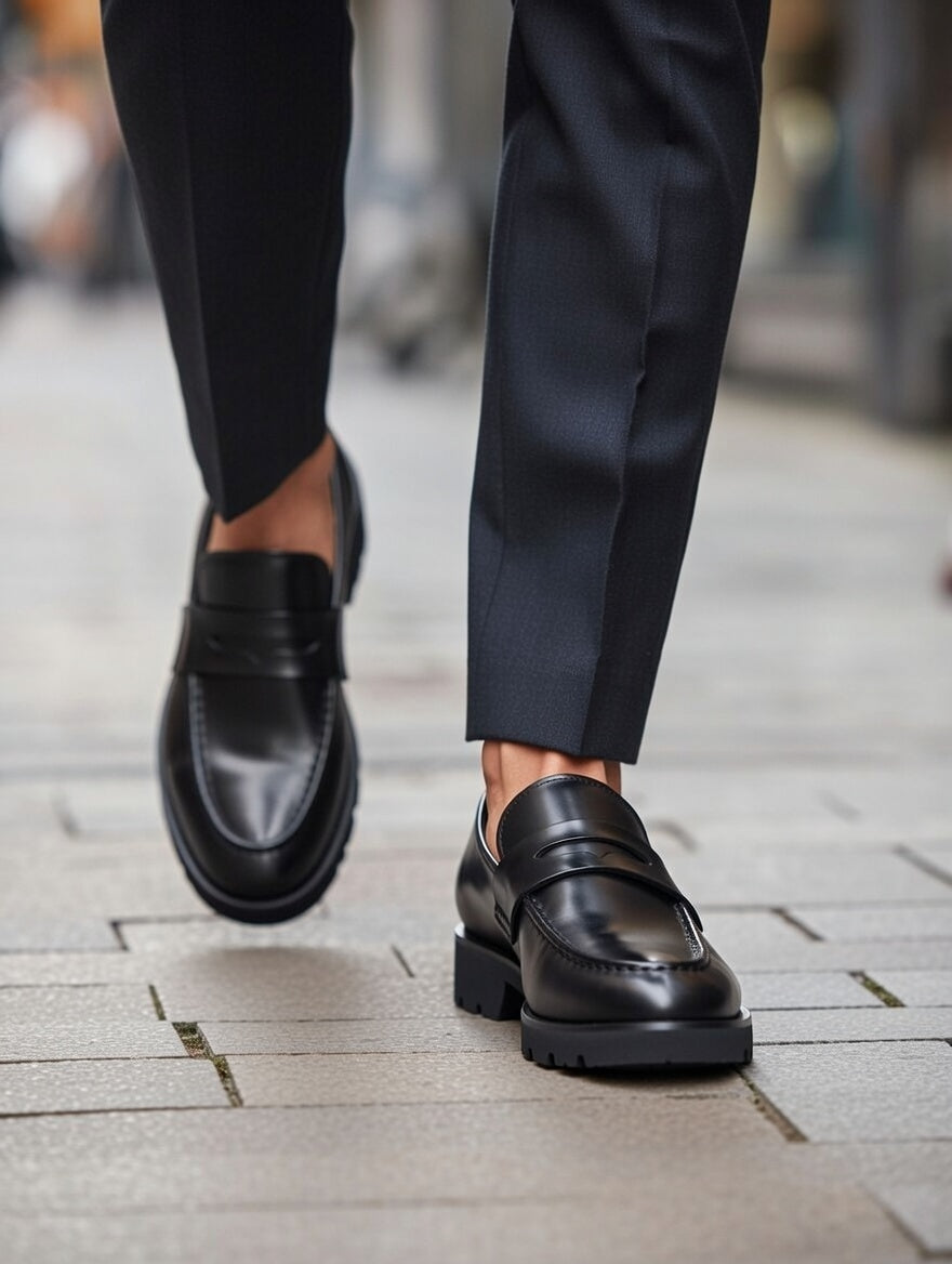 Black loafers worn with dark pants on a blurred street background