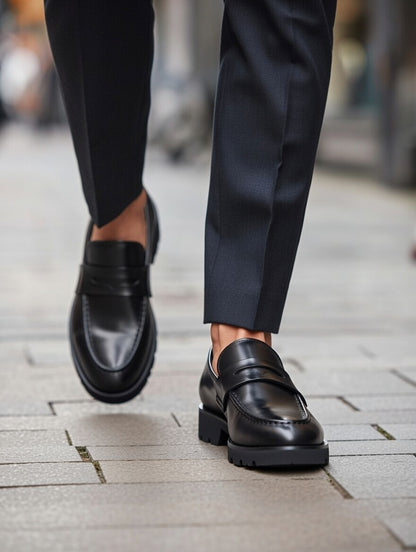 Black loafers worn with dark pants on a blurred street background