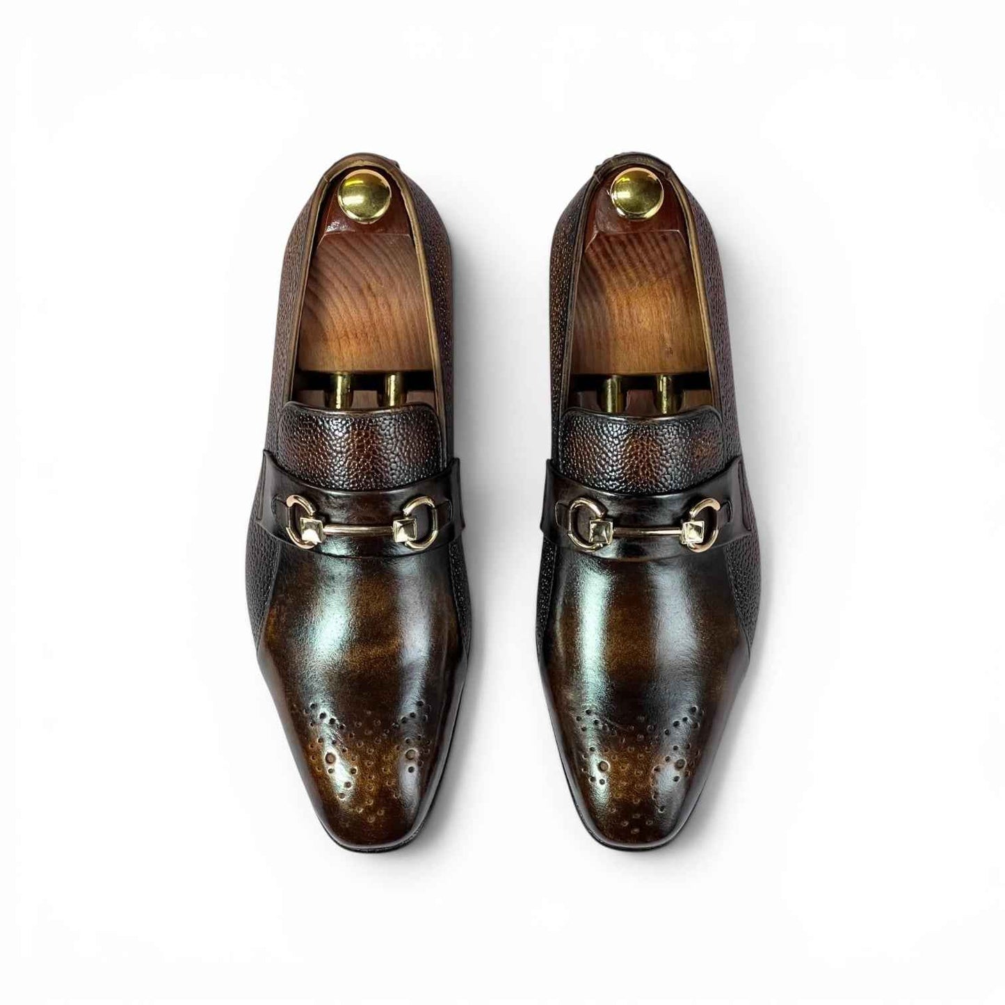 AS - Bruno Patina "Burnish Horsebit Loafer - Pebble Grain Brown Patina | Gold Buckle | Premium Formal Loafer for Men