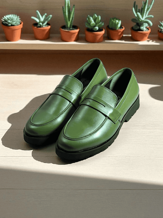 Men’s Green Leather Loafers – Premium Handmade Slip-On Dress Shoes with Comfortable Sole