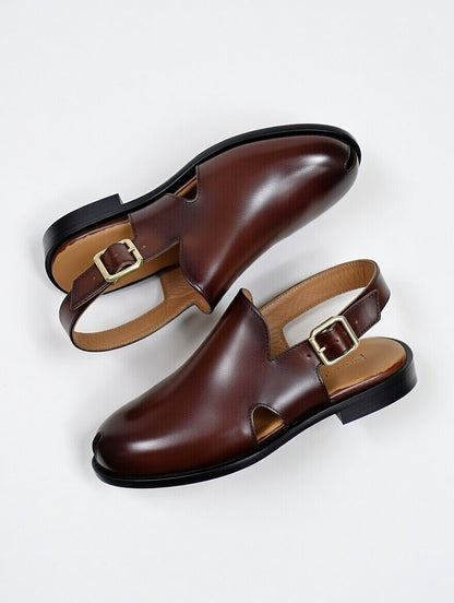 Pair of brown leather shoes with buckles on a light gray background