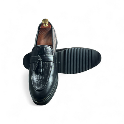 AS - Leka"Black Croc-Textured Leather Tassel Loafers for Men