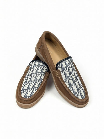 Men’s Brown Designer Loafers with Patterned Panel – Slip-On Casual Shoes