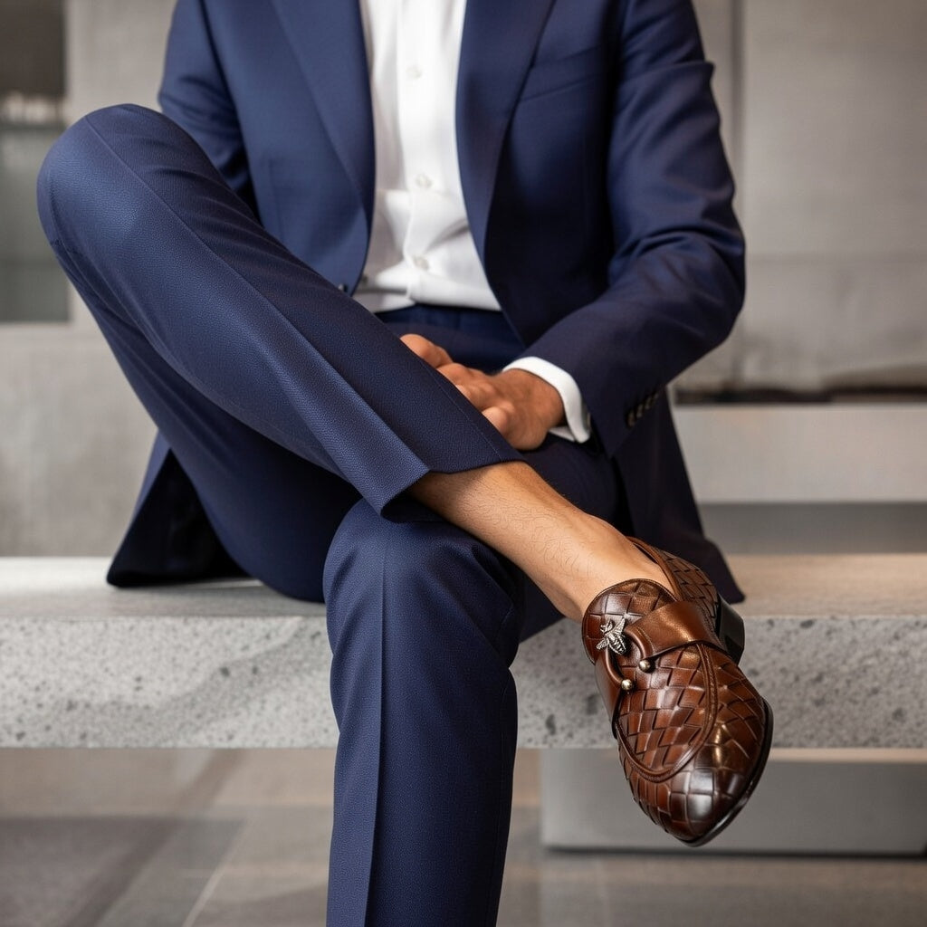 Person wearing a navy suit with brown shoes sitting on steps.
