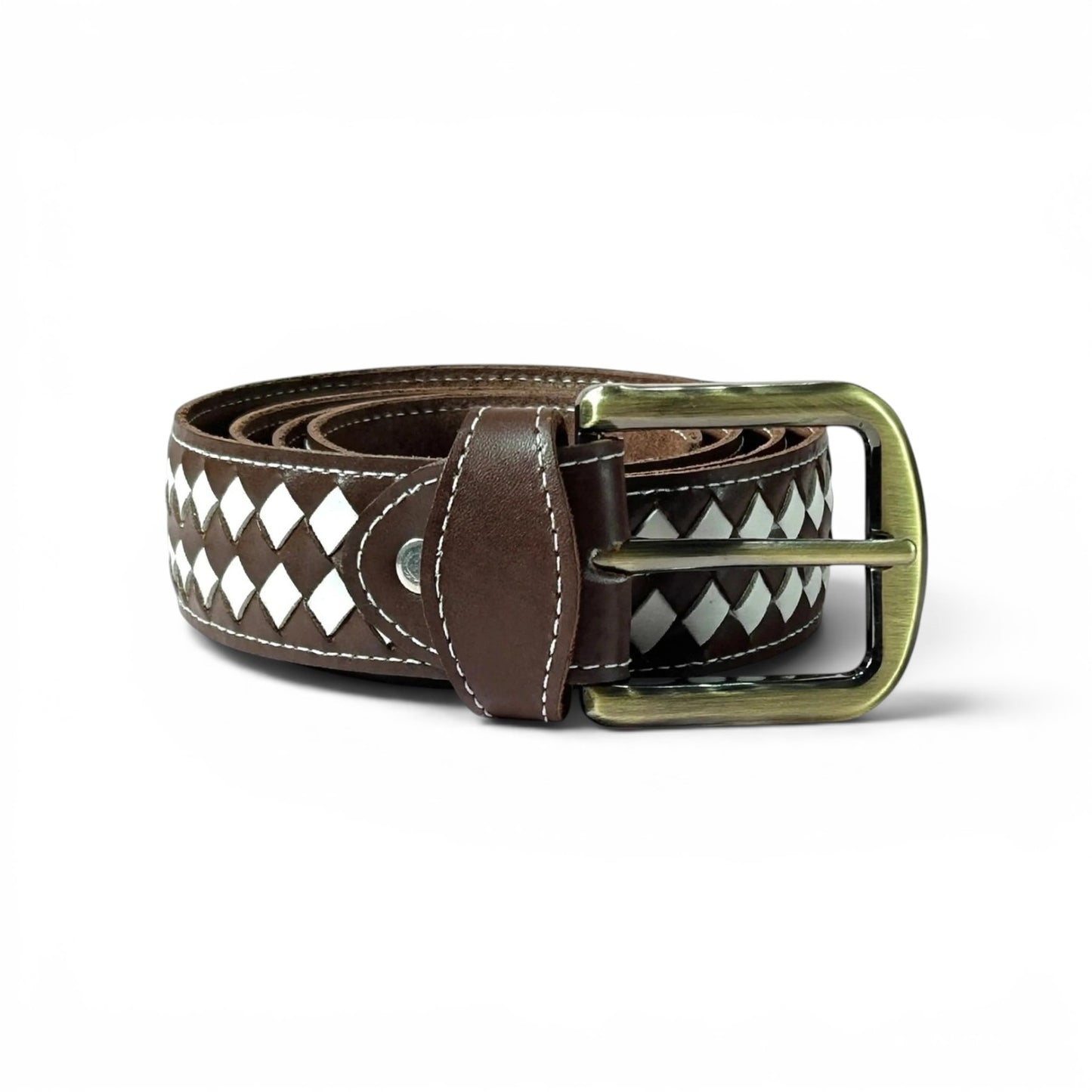 A brown leather belt with a woven white and brown diamond pattern on the strap, featuring a brass buckle.