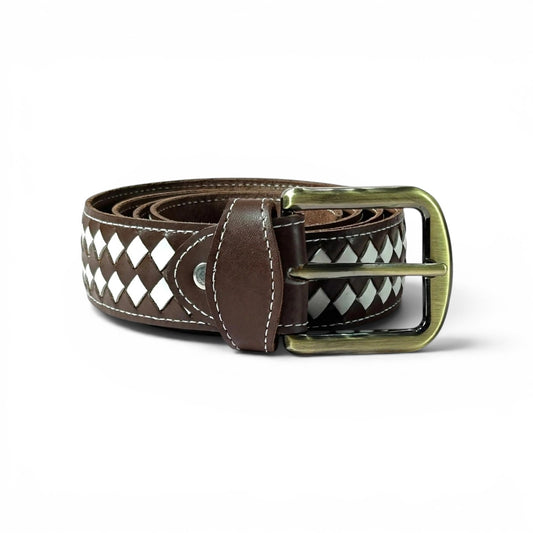 A brown leather belt with a woven white and brown diamond pattern on the strap, featuring a brass buckle.