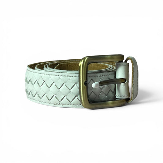 A woven leather belt in a pale mint green color with a textured chevron pattern and a square antique bronze buckle, shown on a clean white background.
