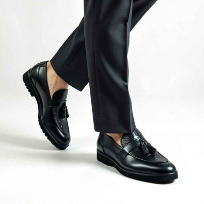 AS - Leka"Black Croc-Textured Leather Tassel Loafers for Men