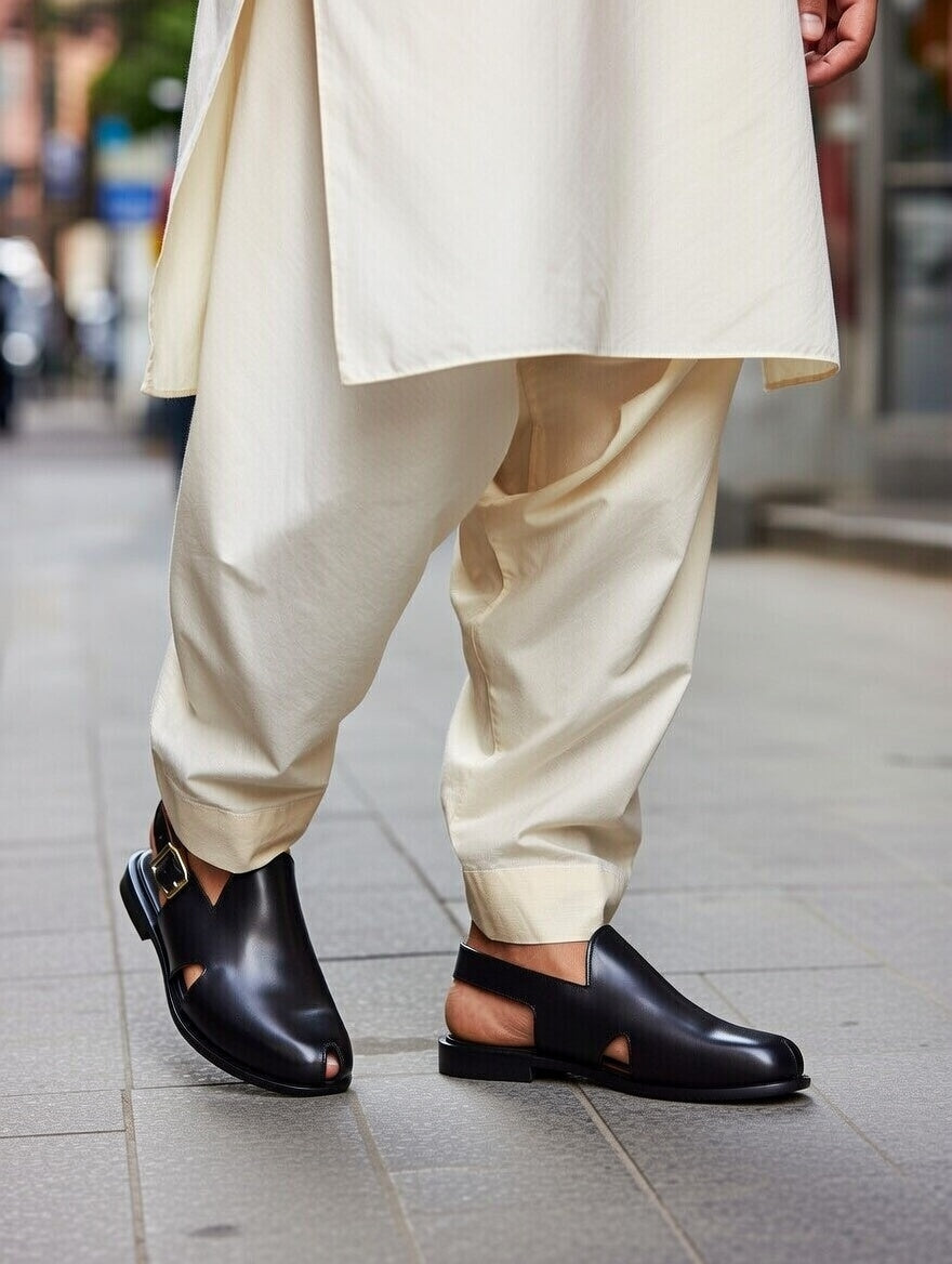 Person wearing black open-toe shoes and beige pants on a city street.