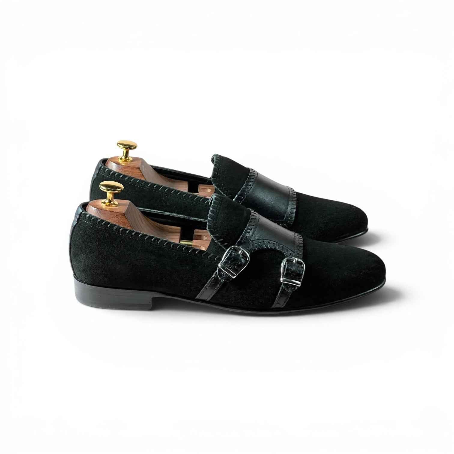 AS - Noir Elite "Handcrafted Black Suede Monk Loafers for Men