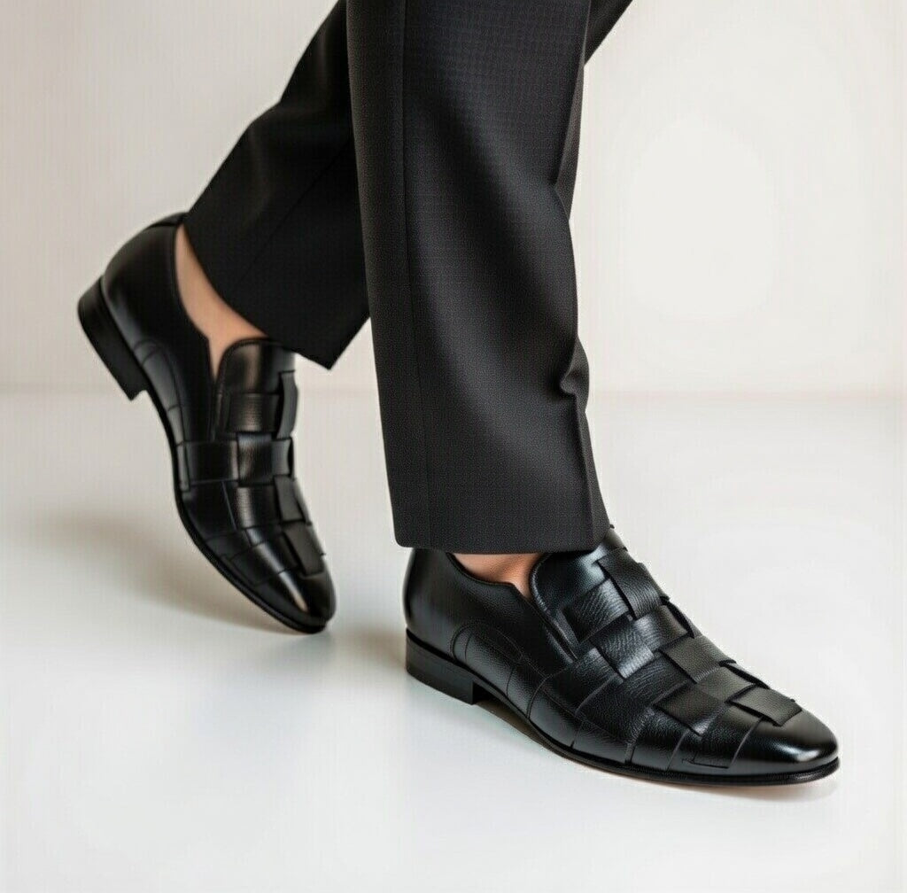 As - Wokib"Handmade Black Leather handwoven Mocation