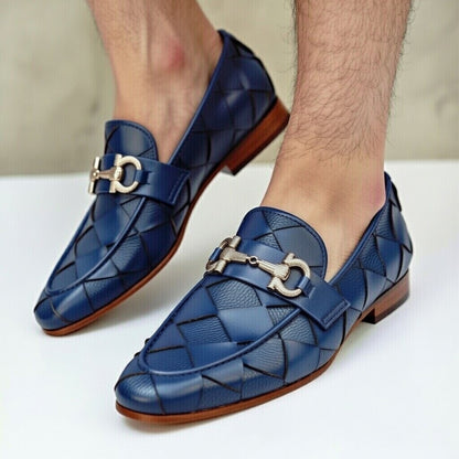 Men’s Navy Blue Woven Leather Loafers – Premium Handmade Slip-On Formal Shoes