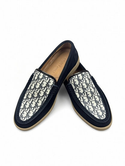 Men’s Black Designer Loafers with Patterned Panel – Slip-On Casual Shoes