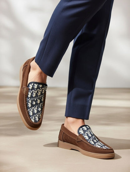 Men’s Brown Designer Loafers with Patterned Panel – Slip-On Casual Shoes