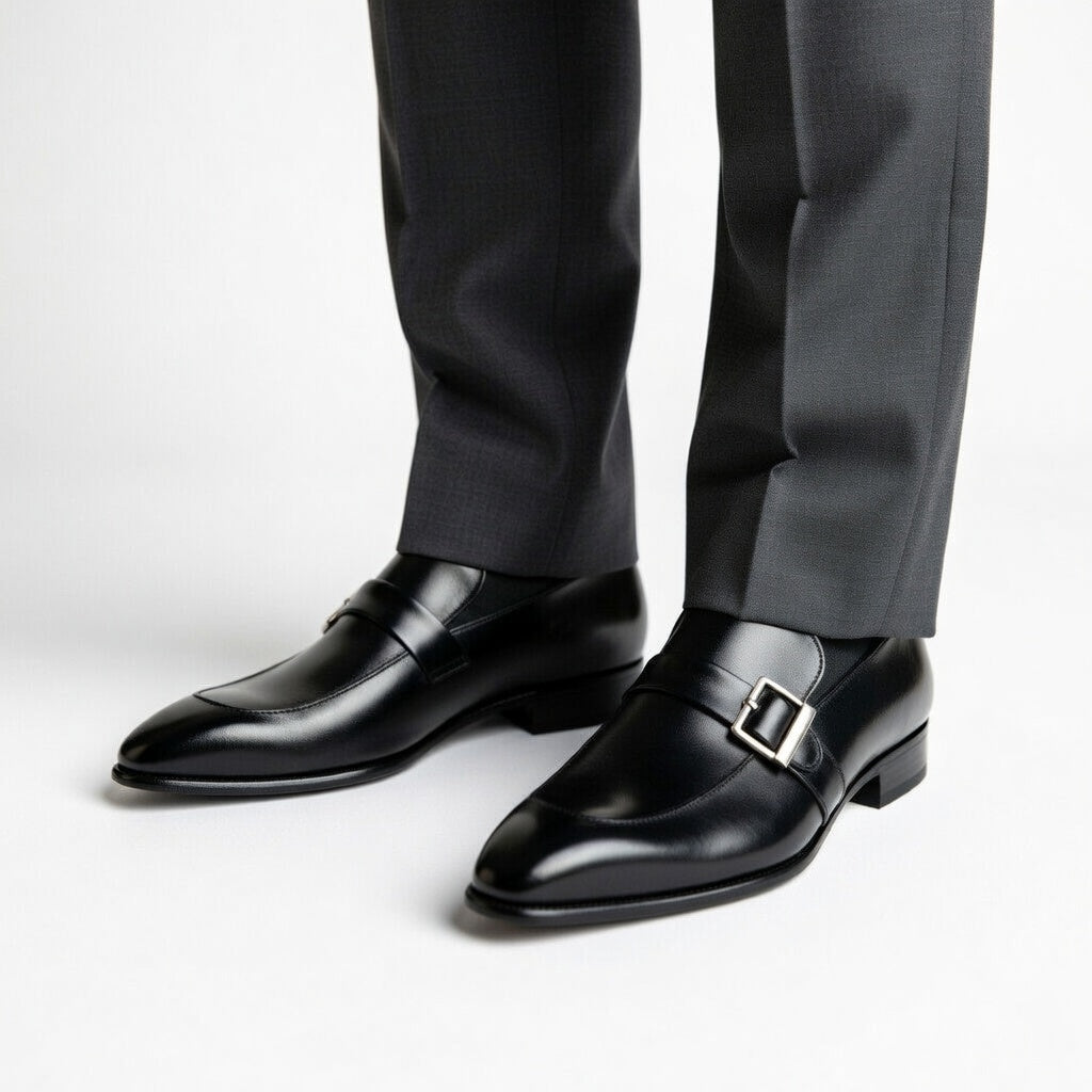 Black dress shoes with a buckle on a white background