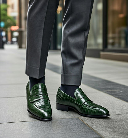 Green leather shoes worn with gray trousers on a city street.