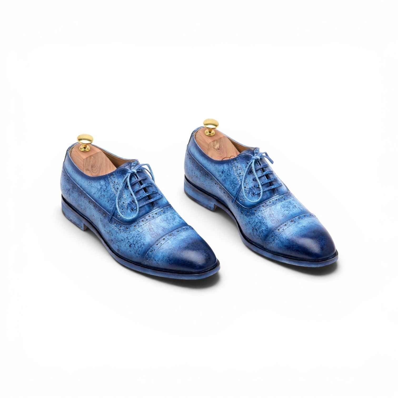 AS - Oceano "Hand-Painted Blue Marble Patina Brogue Oxfords - Full Grain Leather Wingtip Dress Shoes