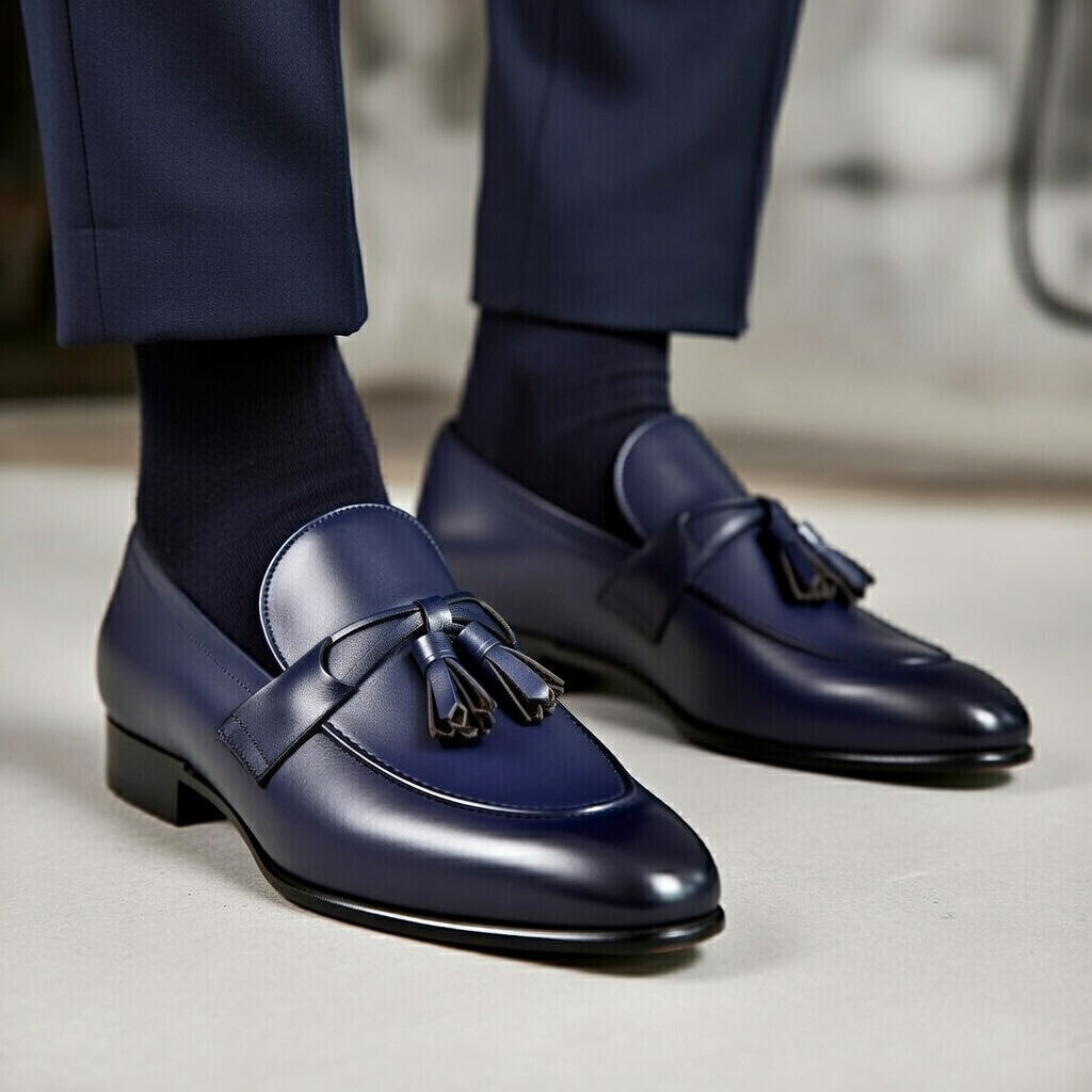 Blue loafers with tassels worn with navy pants and socks on a light background