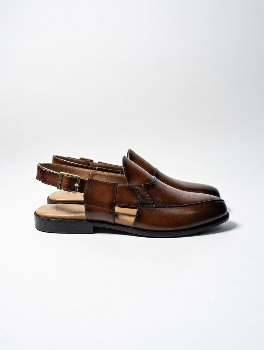 Brown leather shoes on a white background