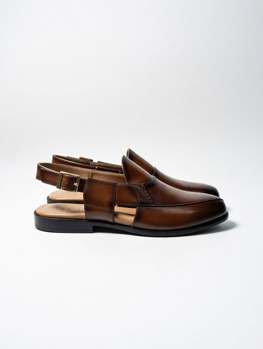 Brown leather shoes on a white background