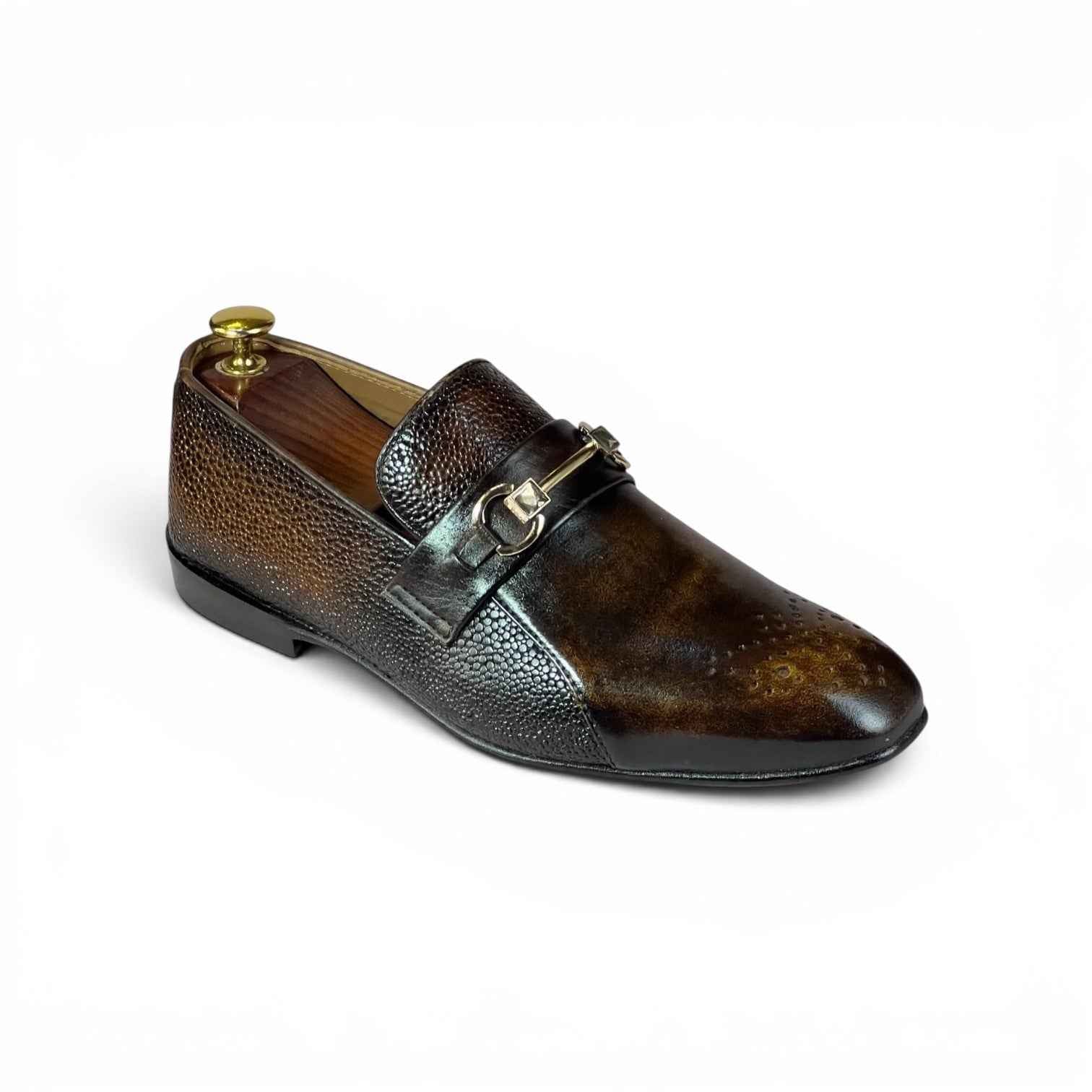 AS - Bruno Patina "Burnish Horsebit Loafer - Pebble Grain Brown Patina | Gold Buckle | Premium Formal Loafer for Men