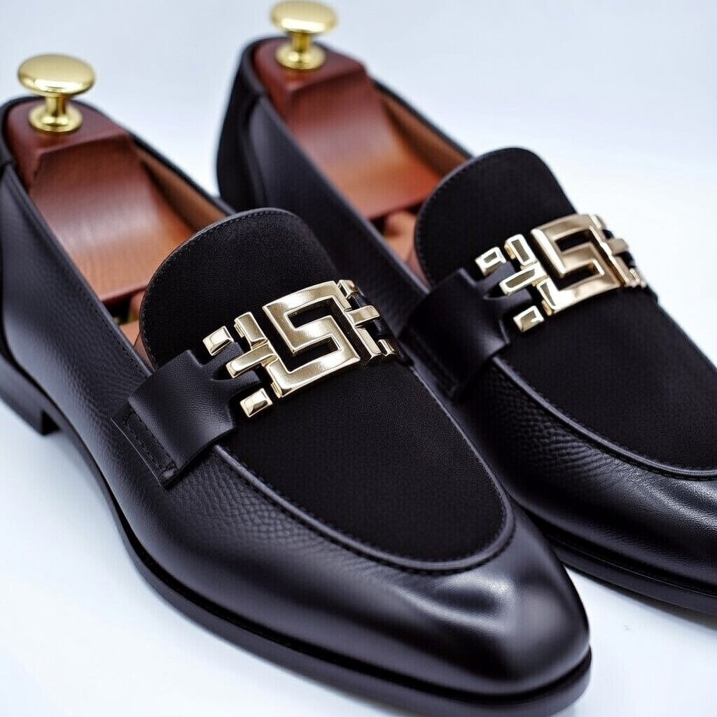 Black loafers with gold buckles on a light gray background