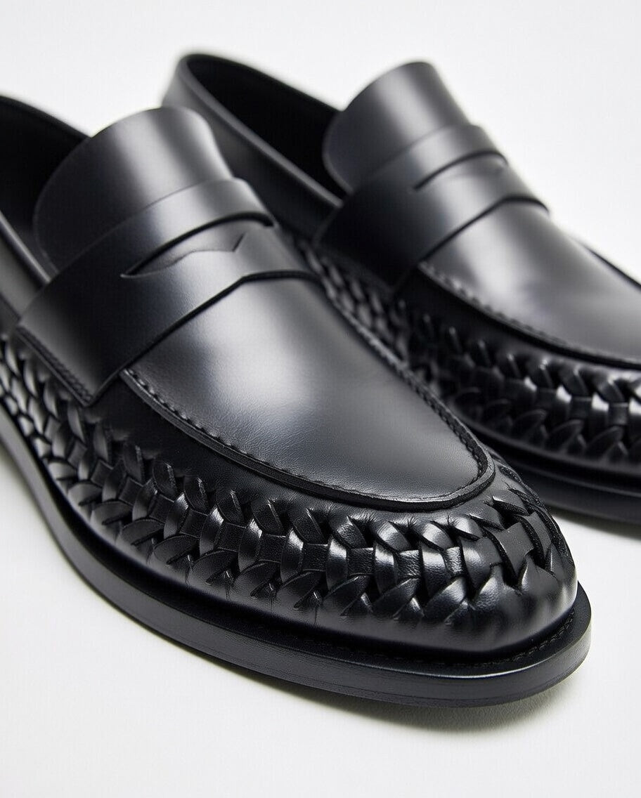 Black woven loafers on a white background