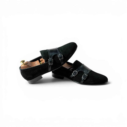 AS - Noir Elite "Handcrafted Black Suede Monk Loafers for Men