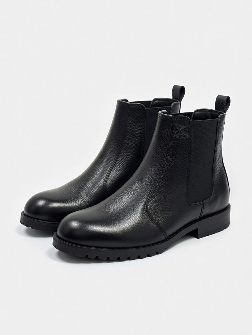 Men’s black leather Chelsea boots with elastic side panels and durable sole