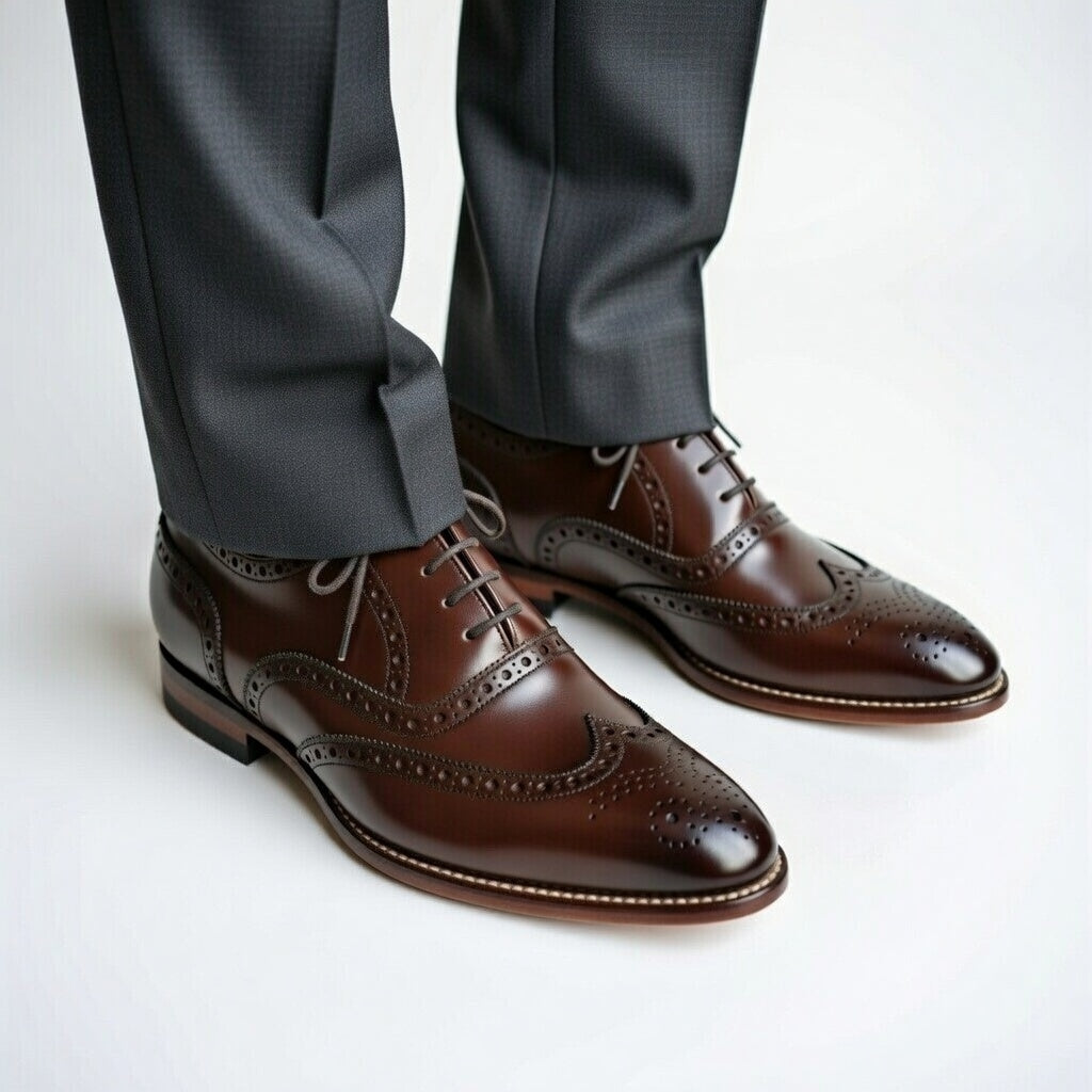 Brown dress shoes with wingtip design worn with gray pants on a light background