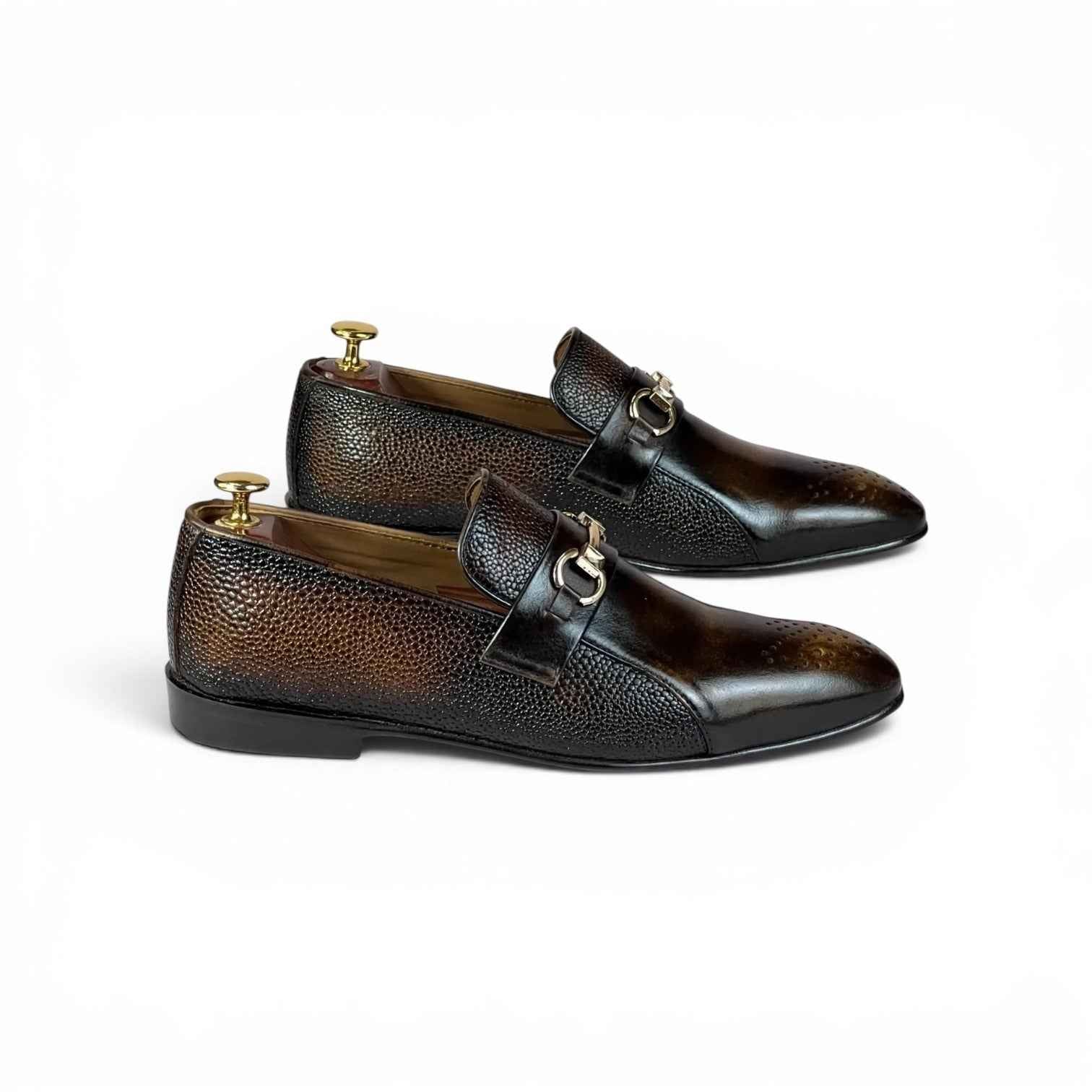 AS - Bruno Patina "Burnish Horsebit Loafer - Pebble Grain Brown Patina | Gold Buckle | Premium Formal Loafer for Men