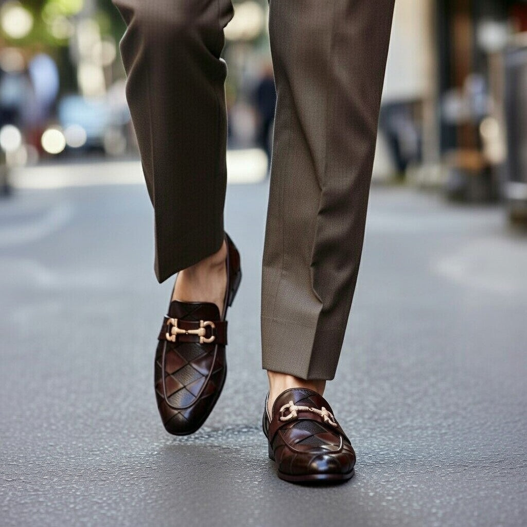 Shop premium men’s brown woven leather loafers made from genuine leather. Stylish, comfortable & perfect for formal and smart-casual wear.