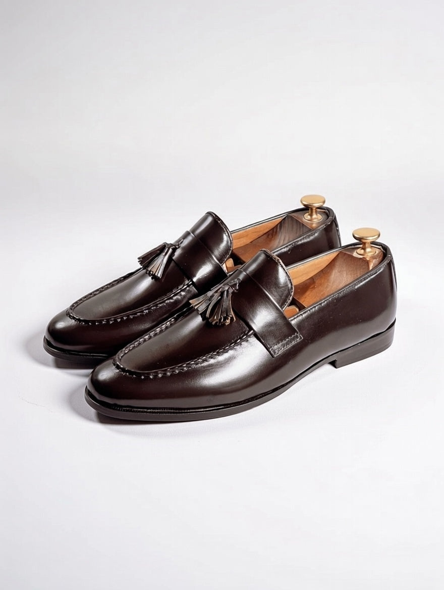 Pair of brown loafers with tassels on a light gray background