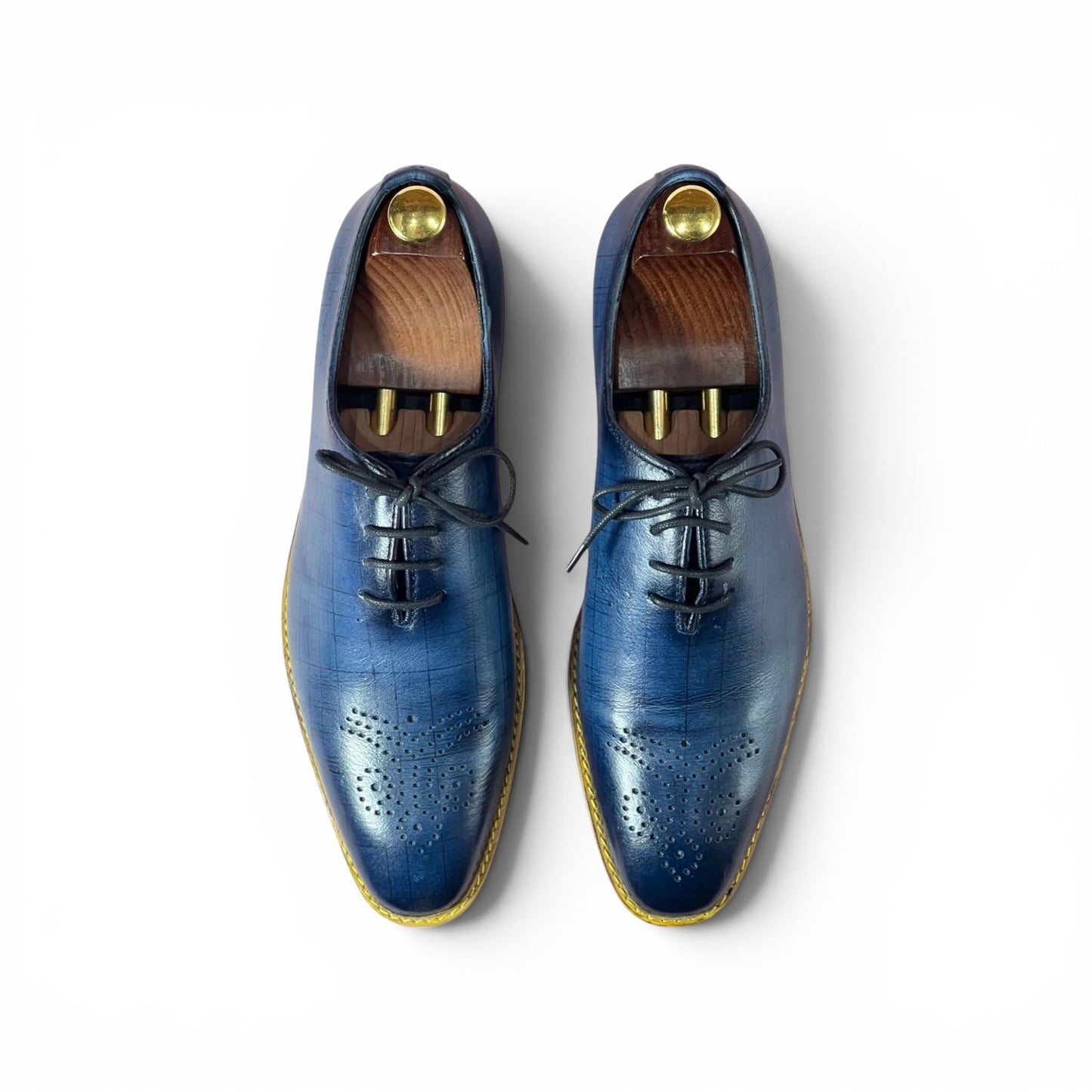 AS - Azure "Men's Hand-Painted Metallic Blue Wholecut Oxford Shoes - Medallion Brogue Toe.