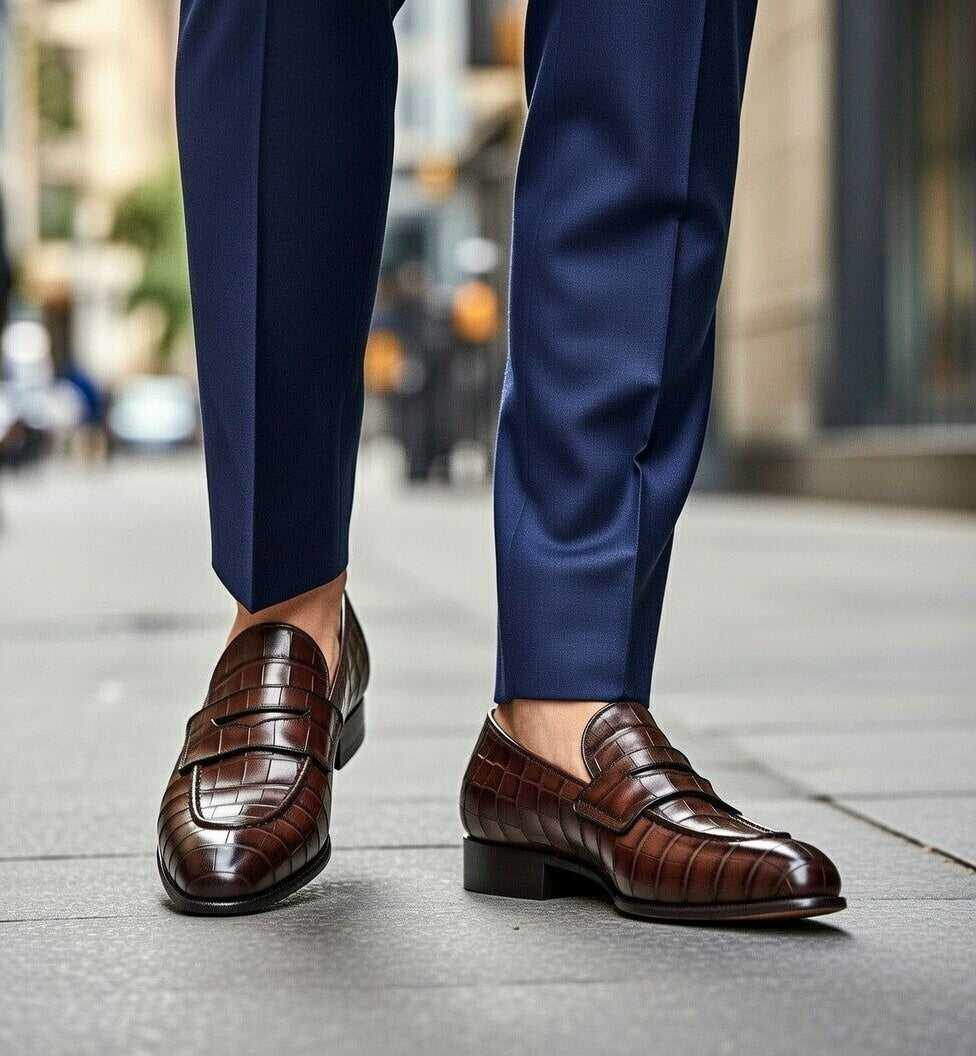 Brown loafers worn with blue pants on a blurred city street background