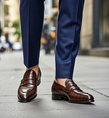 Brown loafers worn with blue pants on a blurred city street background