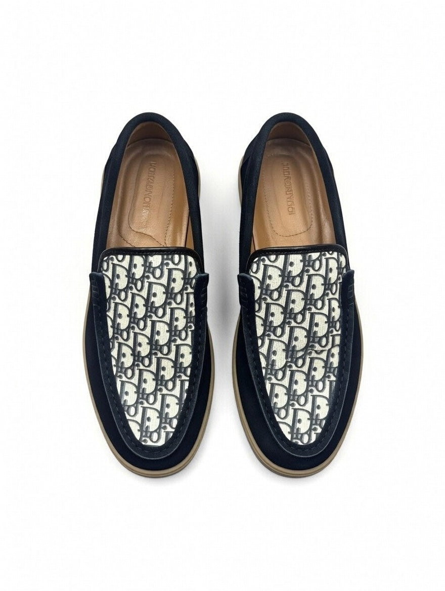 Men’s Black Designer Loafers with Patterned Panel – Slip-On Casual Shoes