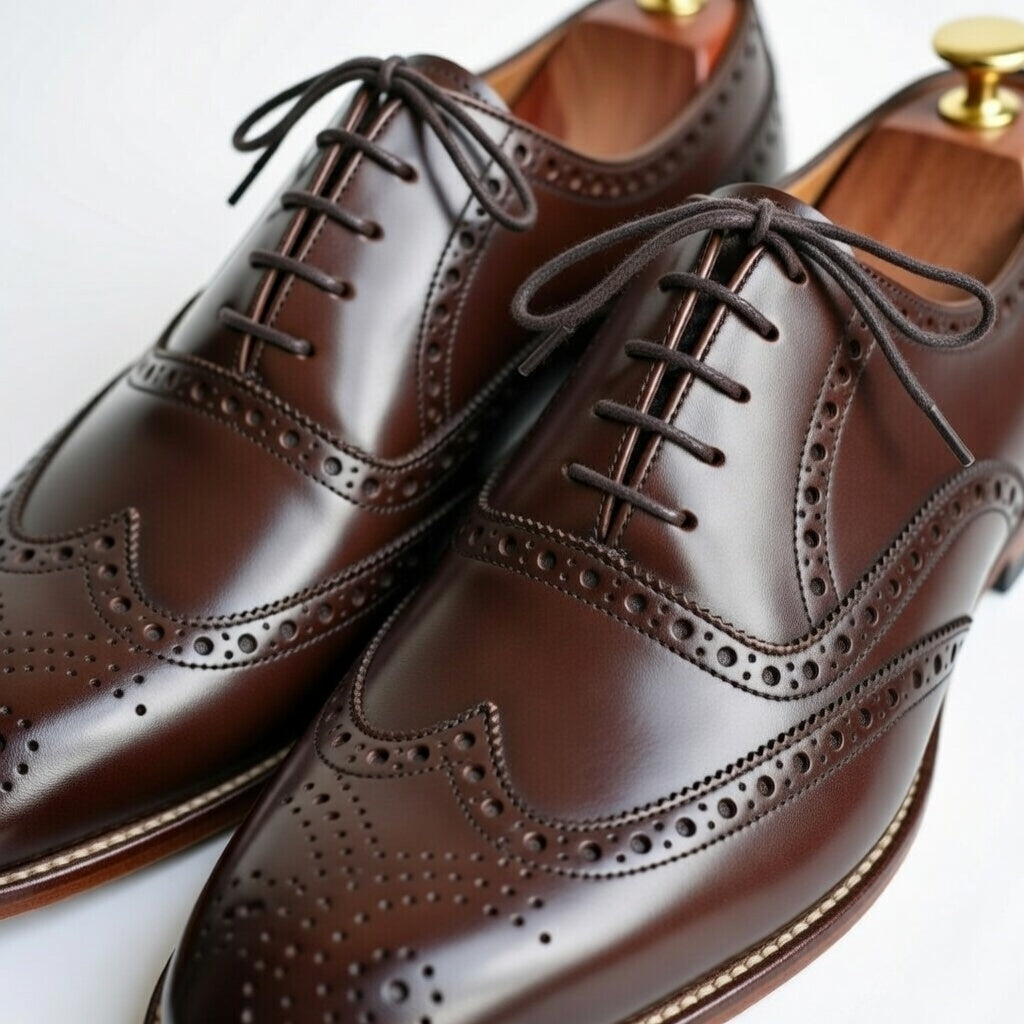 Pair of brown leather dress shoes with brogue detailing on a white background