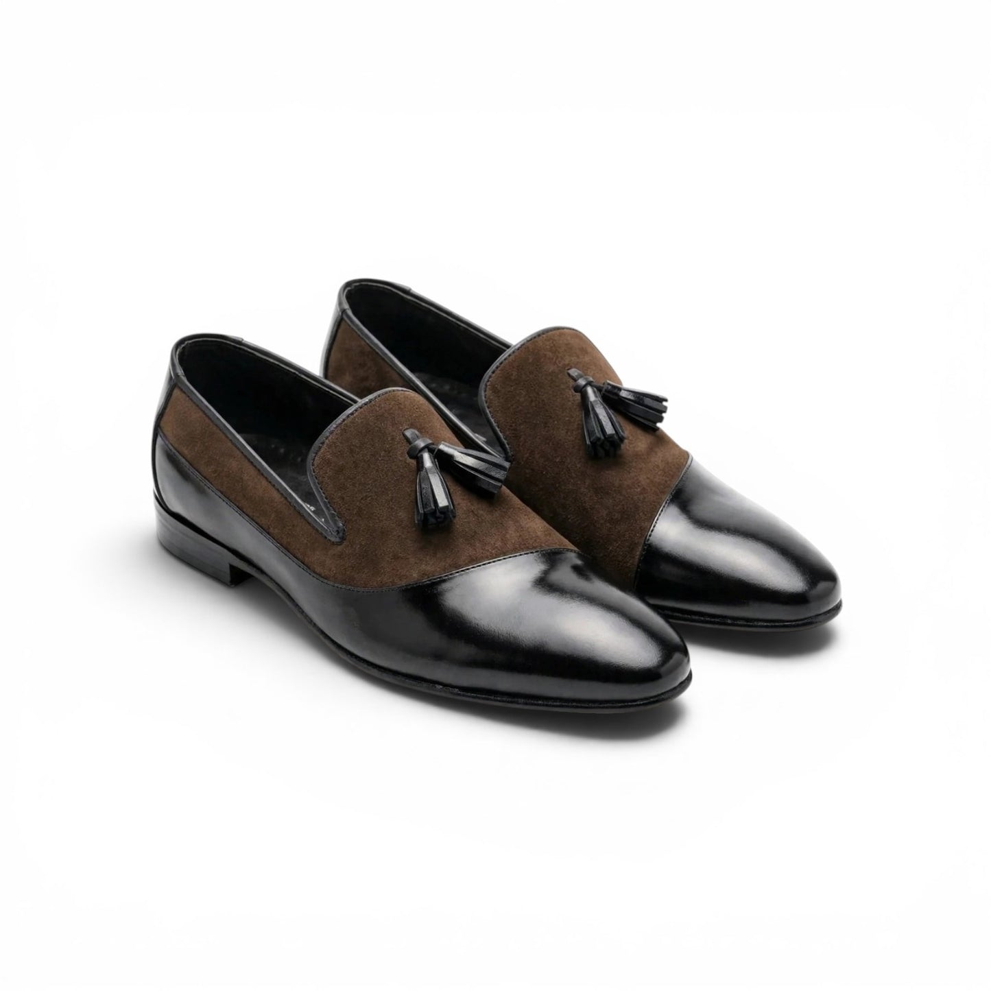Men's Two-Tone Tassel Loafers - Brown Suede & Black Patent Leather Formal Slip-Ons | Handcrafted Pointed Toe Dress Shoes