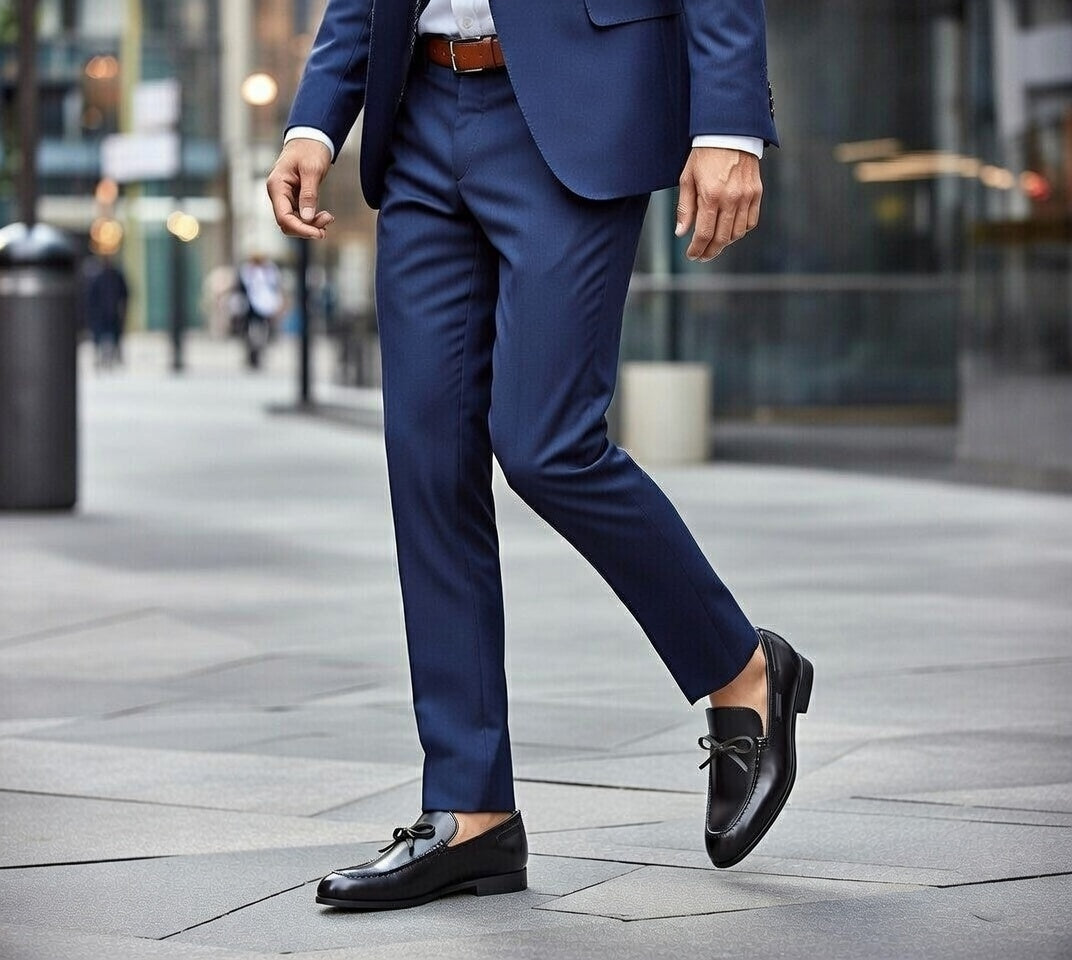 Person wearing a blue suit and black loafers on a city street.