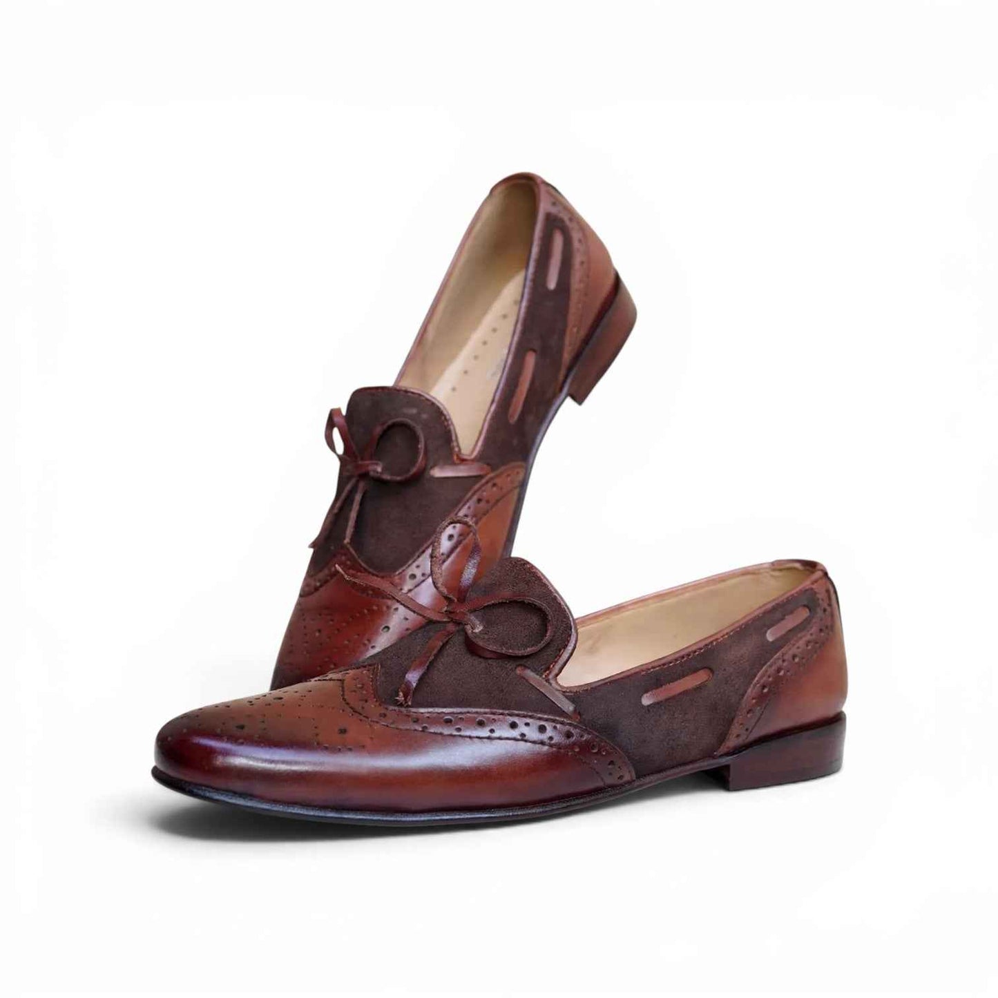 AS Noir Bow "Men's Two-Tone Burgundy Brogue Bow Loafer - Suede & Leather Formal Slip-On