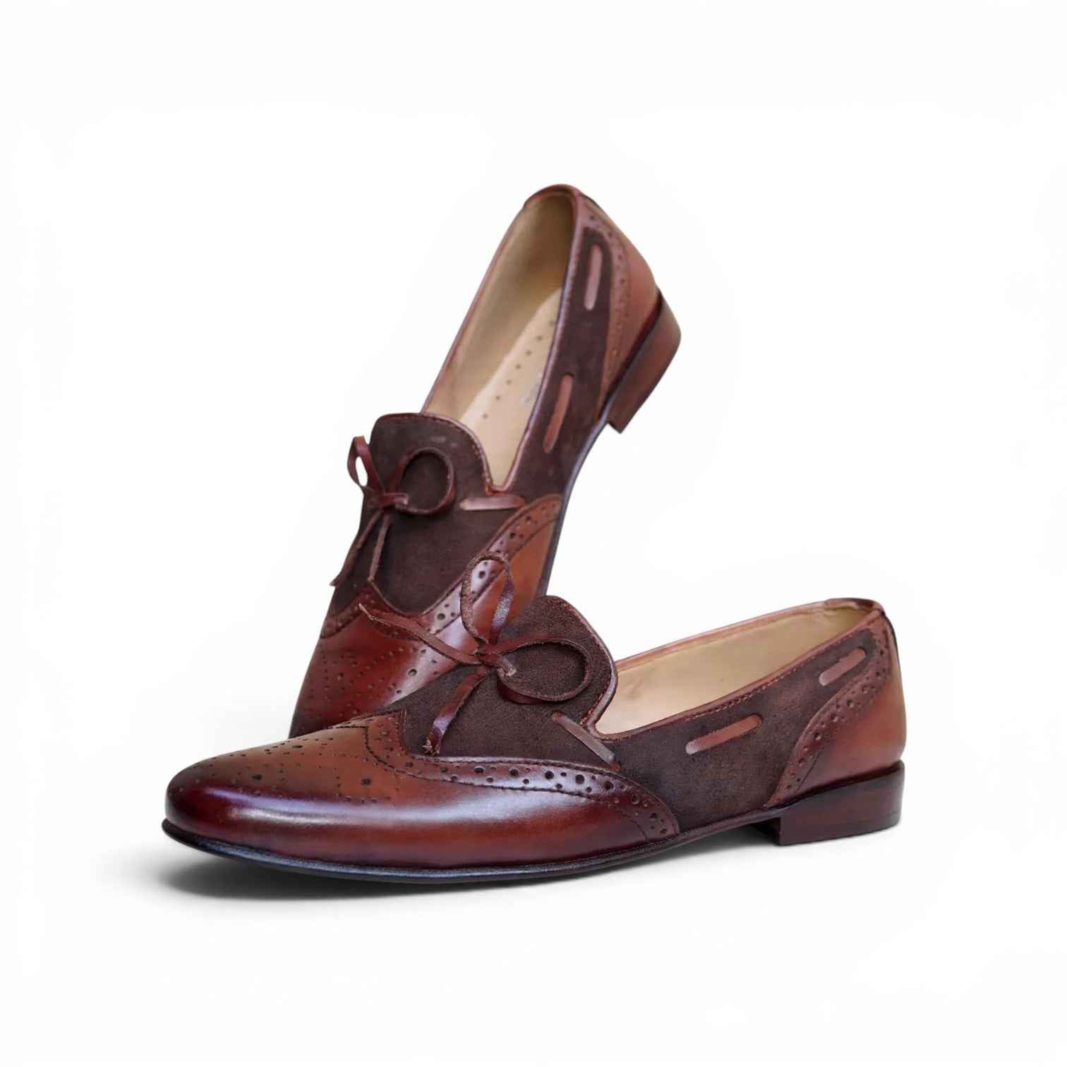 AS Noir Bow "Men's Two-Tone Burgundy Brogue Bow Loafer - Suede & Leather Formal Slip-On