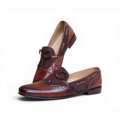 AS Noir Bow "Men's Two-Tone Burgundy Brogue Bow Loafer - Suede & Leather Formal Slip-On