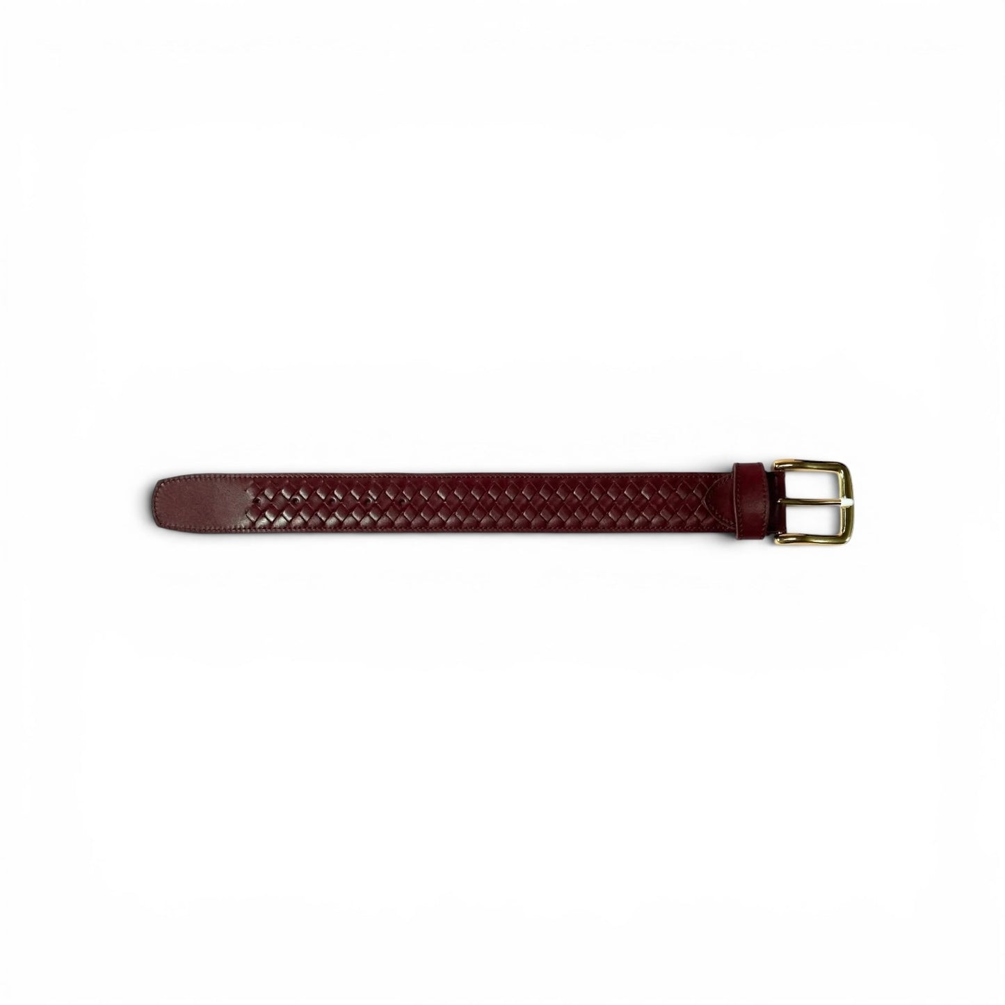 A dark burgundy braided leather watch strap with a gold-tone buckle, shown horizontally against a plain white background.