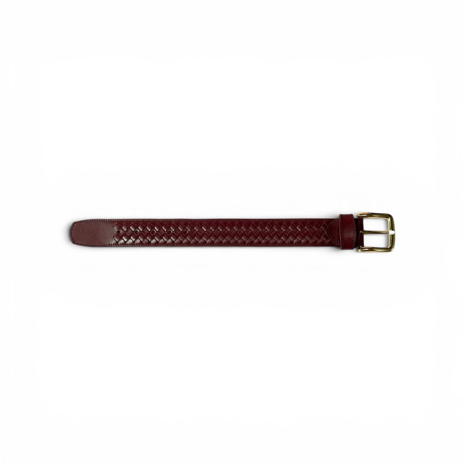 A dark burgundy braided leather watch strap with a gold-tone buckle, shown horizontally against a plain white background.