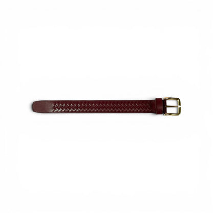 A dark burgundy braided leather watch strap with a gold-tone buckle, shown horizontally against a plain white background.